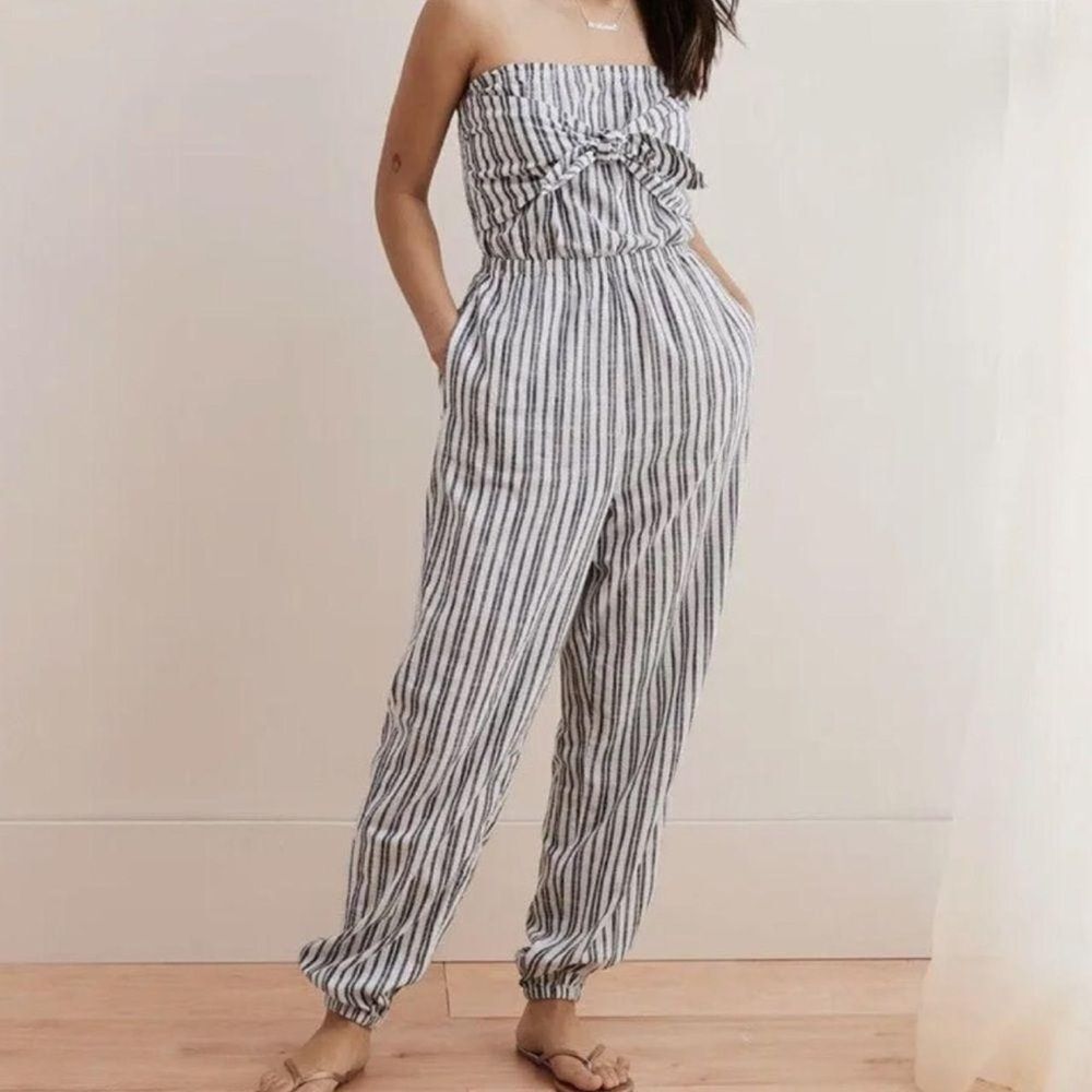 Aerie Pinstriped Casual Minimalist Boho Beach Vacation Summer Ruched Jumpsuit L